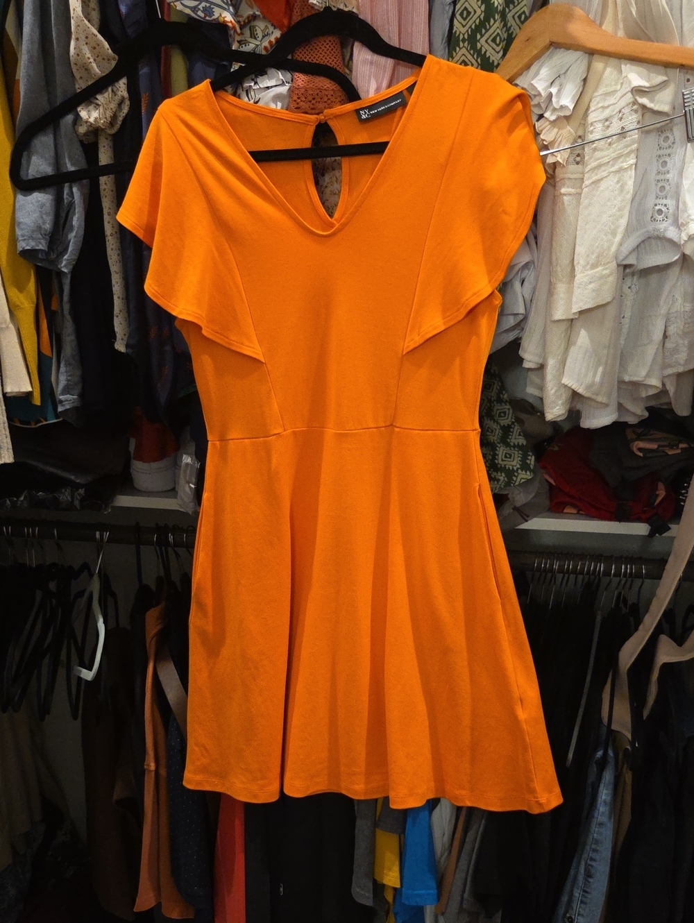 New York & Company Orange Flutter-Sleeve Mini Dress